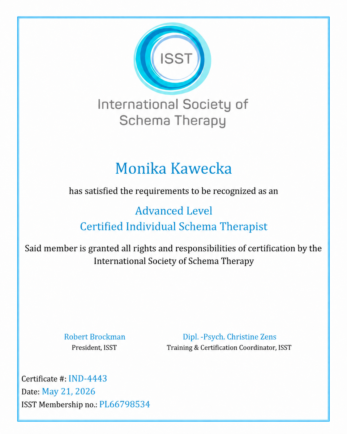 Advanced Level Certified Individual Schema Therapist