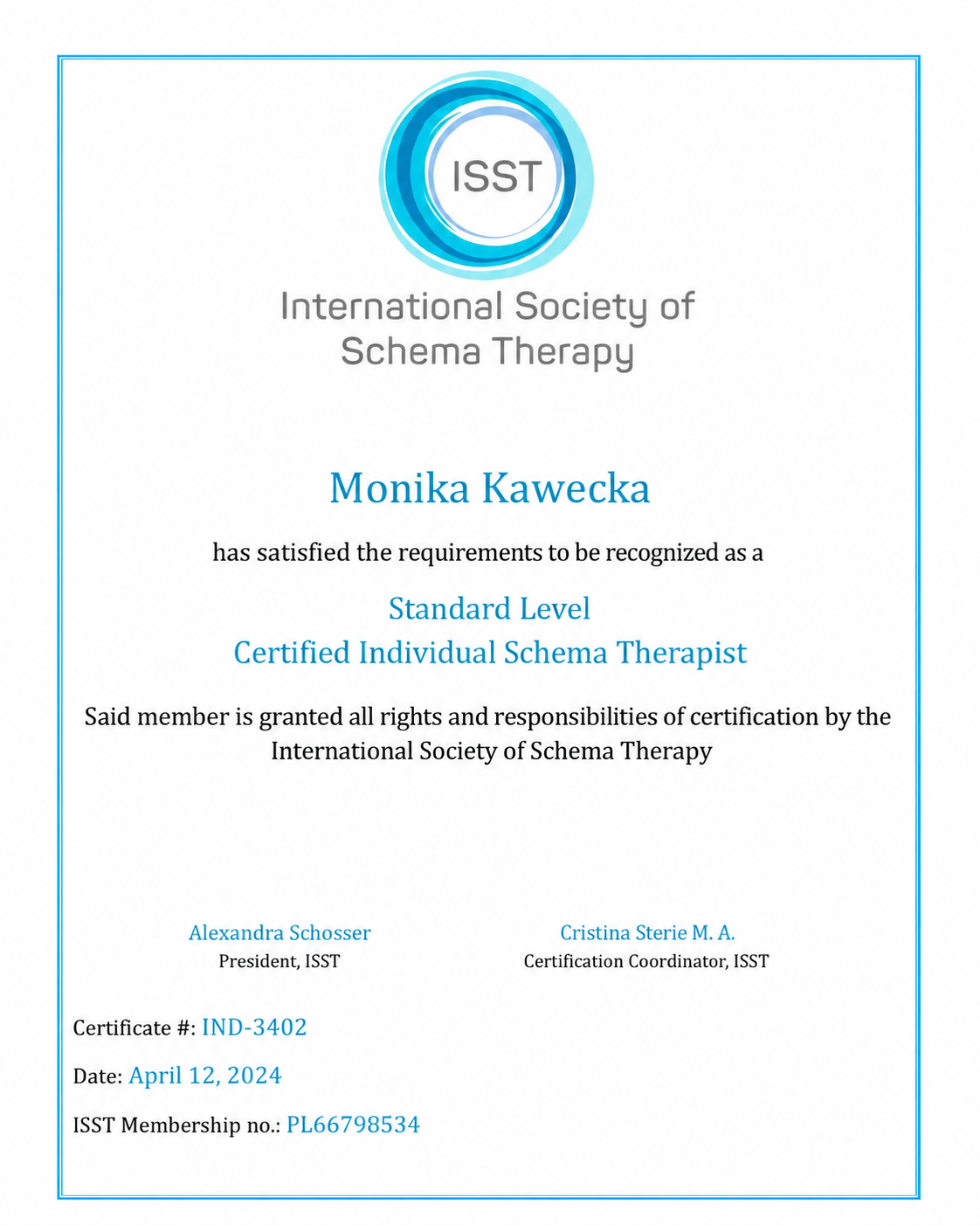 Standard Level Certified Individual Schema Therapist